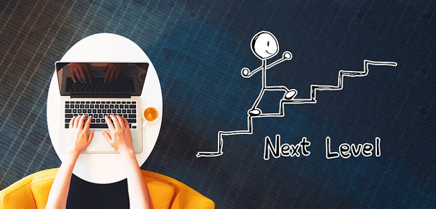 A montage of someone using their laptop and an illustrated image of a stick figure ascending steps. "Next Level"