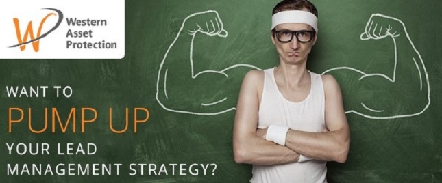 Man with relatively smaller muscle mass standing in workout clothes in front of a chalkboard. A sketch of muscular arms appear to be his goal for physical fitness. "Want to pump up your lead management strategy?"