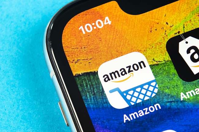 Closeup of an Amazon app icon on a cell phone
